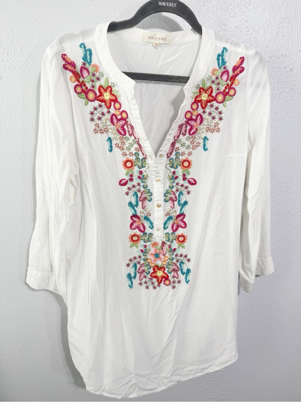 Solitaire White Embroidered V-Neck Peasant Blouse large